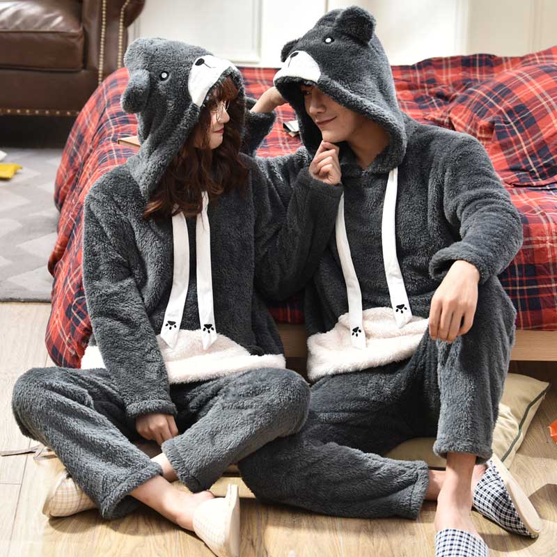 Men's Sleepwear Unisex Adult Couple Pajamas Men Winter Velvet 2 Pieces Warm Flannel Pajama Set Animal Cartoon Cute Hooded Home Clothes