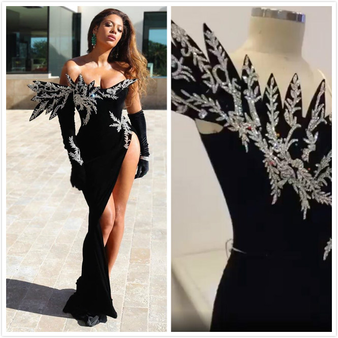 arabic aso ebi lace beaded black evening dresses sheath high split prom dresses velvet formal party second reception gowns zj255