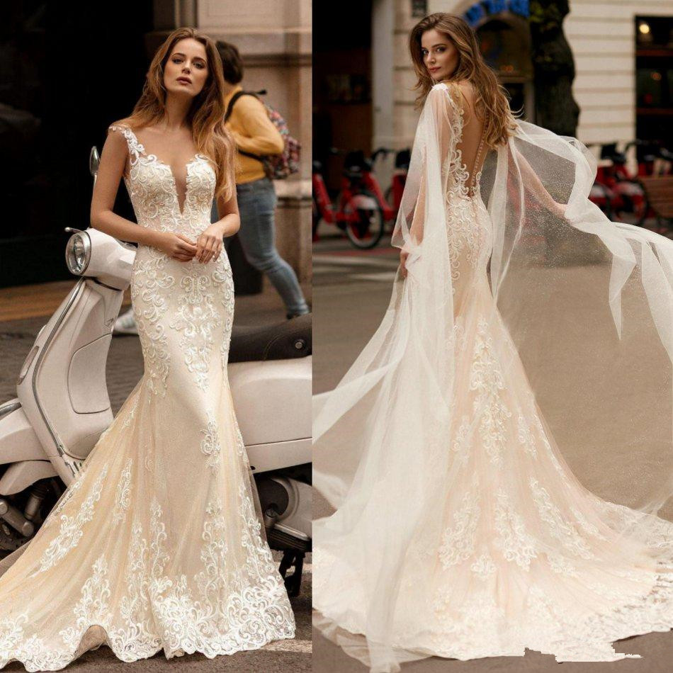 Champagne Ivory Mermaid Wedding Dresses with Cape 2020 Berta Sheer O-neck Lace Applique Covered Back Trumpet Bride Gown Vestidos De Novia