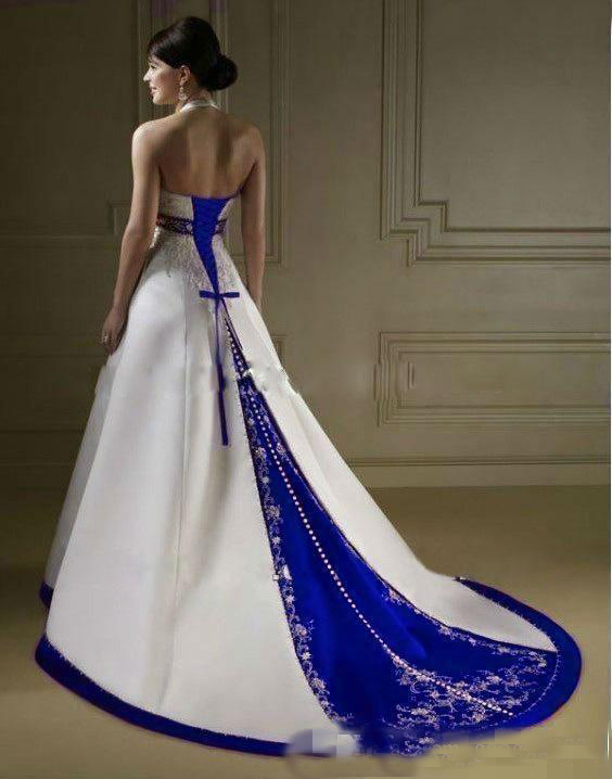 Vintage White And Royal Blue Satin Beach Wedding Gowns Strapless Embroidery Chapel Train Corset Custom Made Bridal Wedding Dress