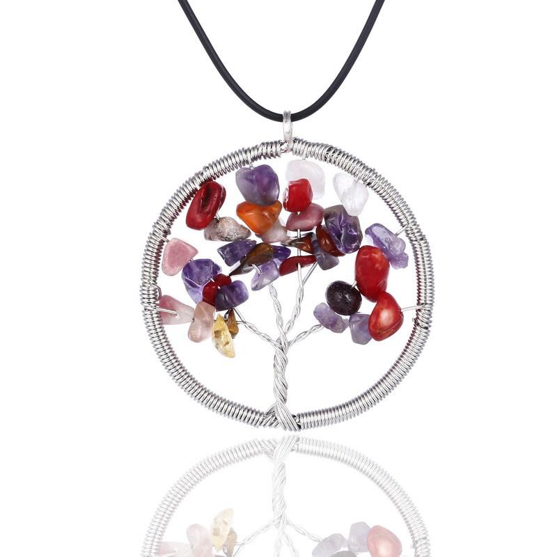 7 Chakra Tree Of Life necklaces Rainbow Natural Stone Quartz druzy Wisdom Tree pendant Black Rope String chains For women Jewelry Gift