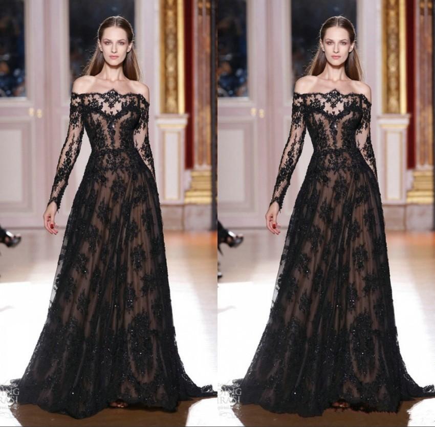 new off shoulder evening gowns a line sheer black lace applique long sleeves prom dresses sweep train party gowns