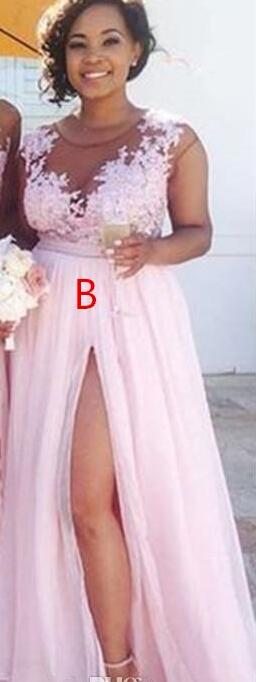 2020 Sexy sheer Jewel neck lace appliques maid of honor dresses split formal evening gowns wear Cheap Country blush pink bridesmaid dresses