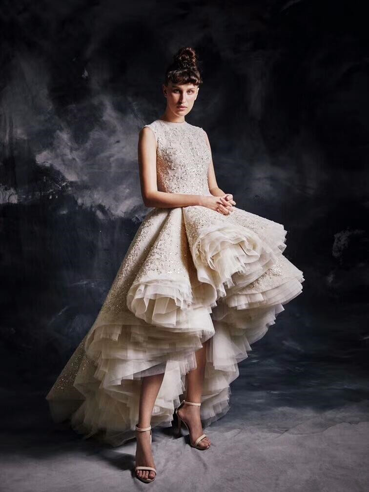 Champagne Ruffles High Low Prom Dresses 2020 Jewel Neck Luxury Lace Beaded Ashi Studio Arabic Dubai Evening Wear Gown Zuhair Murad