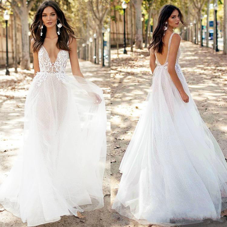 white lace boho dresses sexy illusion deep v neck bridal custom sweep train appliques country wedding gowns