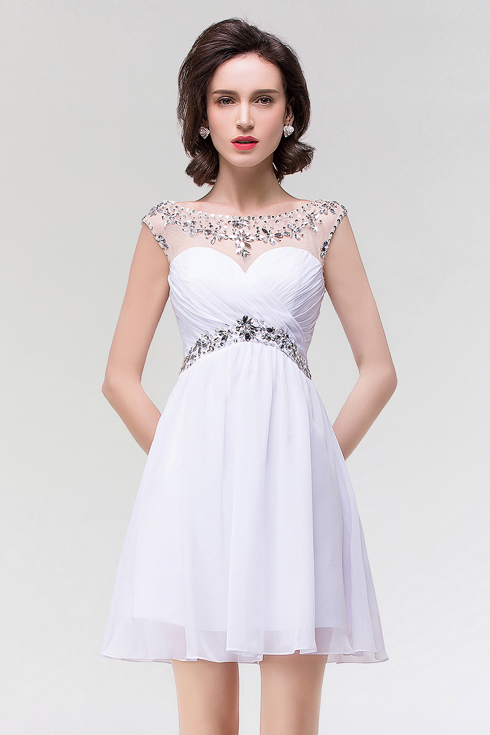 Rhinestones Beaded Short Homecoming Dresses Sheer Crew Neck Chiffon Backless Mini Cocktail Party Gown Formal Prom Wear CPS094