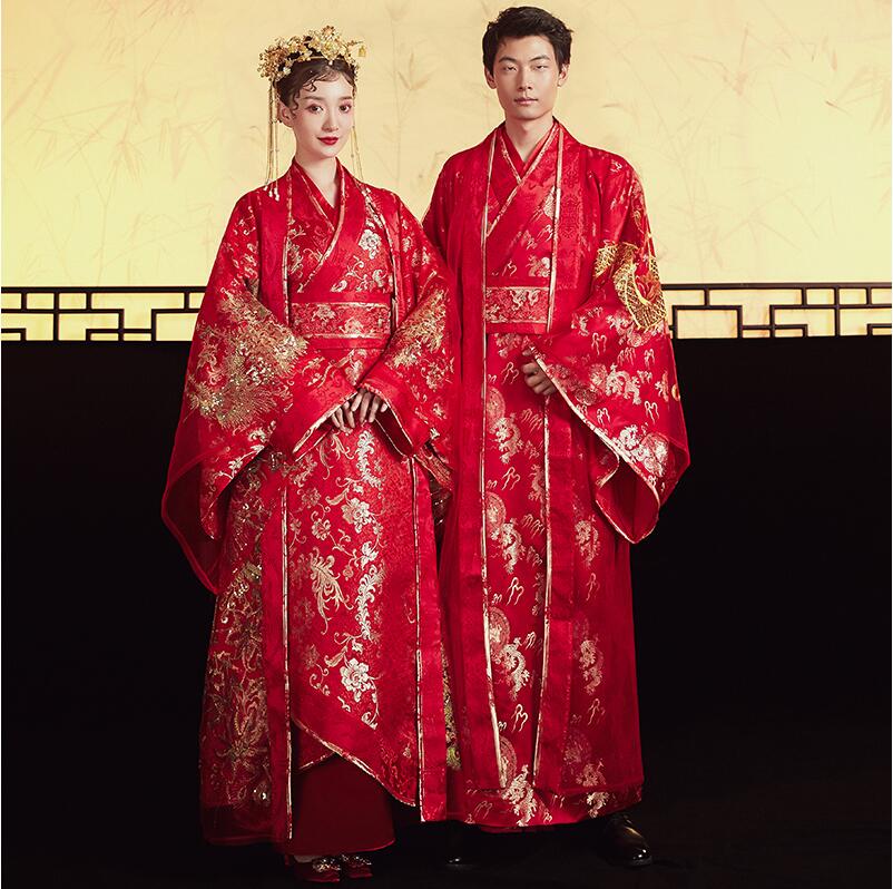 Standard Ancient China Tang Dynasty Chinese style Hanfu Wedding Gown Red Clothing Women Bride Phoenix Dress Men Groom Dragon Robe