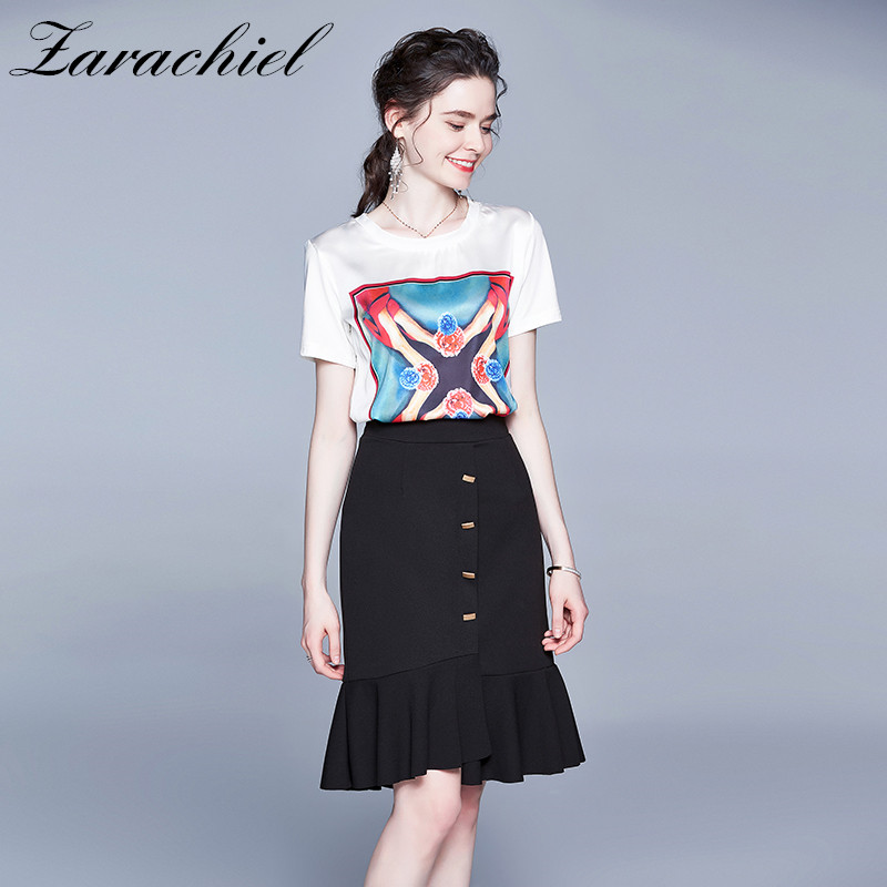Fashion Runway Two Piece T-shirt and Ruffles Skirt Suit Set Women Short Sleeve Printed Top Tees + Package Hip Mermaid Skirt Set, Picture color
Fashion Runway Two Piece T-shirt and Ruffles Skirt Suit Set Women Short Sleeve Printed Top Tees + Package Hip Mermaid Skirt Set, Picture color