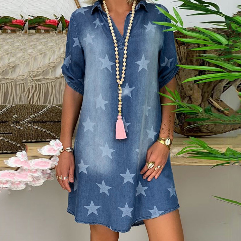 Denim Jeans Womens V Neck Shirt Dress Summer 2020 Plus Size Stars Print Mini Party Dress Female Retro Elegant A-Line Beach, White;black
Denim Jeans Womens V Neck Shirt Dress Summer 2020 Plus Size Stars Print Mini Party Dress Female Retro Elegant A-Line Beach, White;black