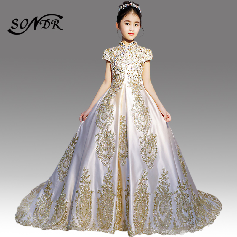 Shining Crystal Flower Girl Dresses HT065 Champagne Embroidery Lace Flower Girl Pageant Ball Gown Train Formal Dress For Kids, Short
Shining Crystal Flower Girl Dresses HT065 Champagne Embroidery Lace Flower Girl Pageant Ball Gown Train Formal Dress For Kids, Short