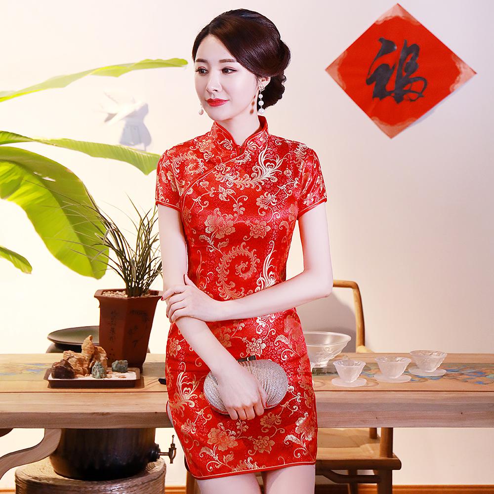 Wholesale-High-end Atmosphere Red Lady Qipao Classic Chinese Style Cheongsam Vintage Mandarin Collar Vestidos Sexy Mini Chinese Dress 6XL