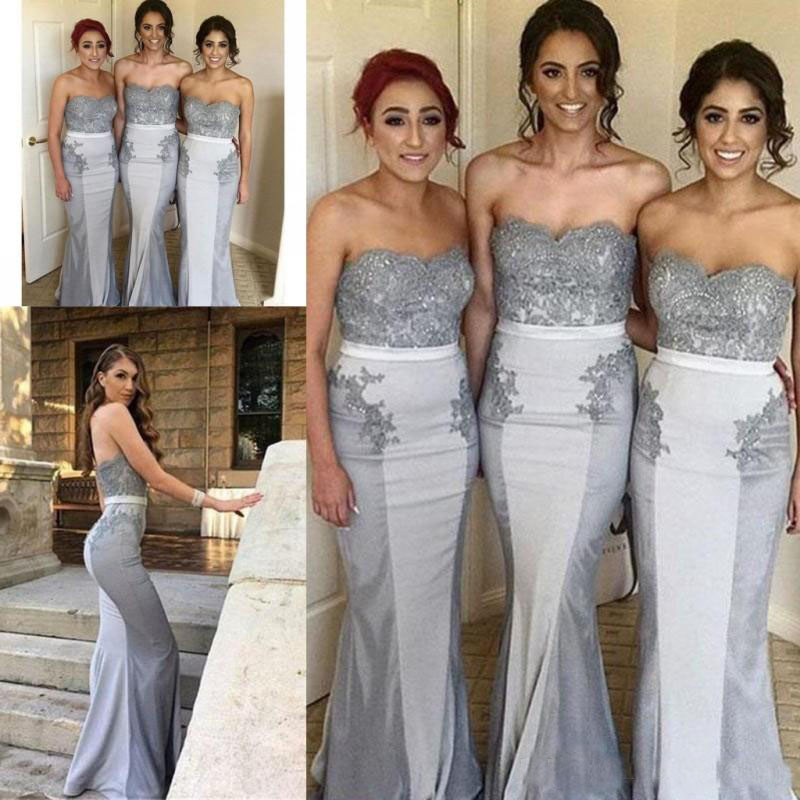 Silver Gray Bridesmaid Dresses Mermaid Lace Appliques Long Maid Of Honor Gowns For Wedding 2019 Bridesmaid Party Dress