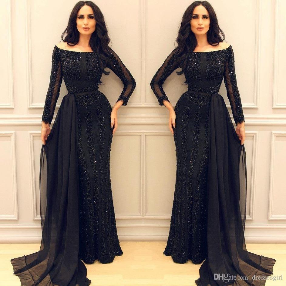 Black Mermaid Evening Dresses With Detachable Train Lace Appliques Sequins Beaded Scoop Neck Long Sleeve Prom Dress Formal Party Gowns