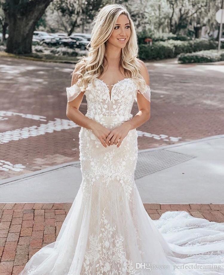2019 Gorgeous Mermaid Lace Wedding Dresses Off The Shoulder Sweep Train Bohemian Wedding Dress Appliqued Plus Size Vestidos De Novia
