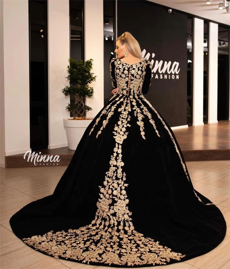 Arabic Evening Dresses Gold Lace Applique 3/4 Long Sleeves Ruched A Line Formal Party Prom Dresses Vestidos De festa