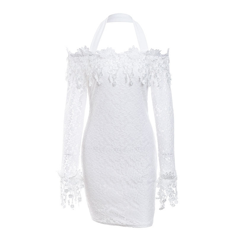 Fashion White Women Halter Party Dress Elegant Bateau Bodycon Dress Long Sleeve Off Shoulder Lace