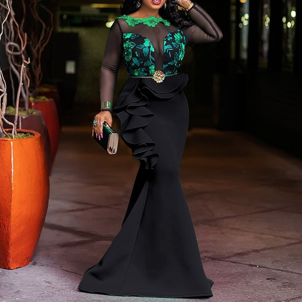 Mesh Transparent Elegant Long Party Dress Women Mermaid Plus Size African Ruffle Dinner Maxi Dresses Robe Femme Vestiods Sexy1