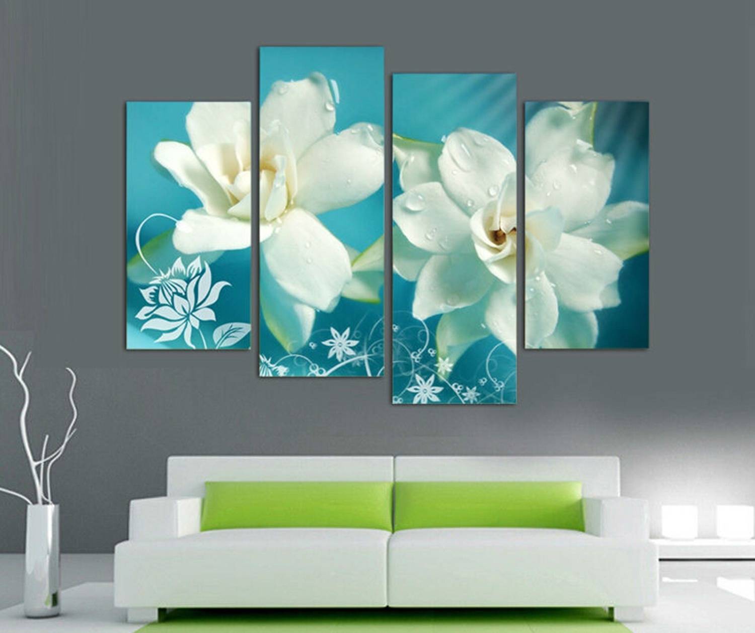 4pcs/set Unframed Onepiece White Flower Watery HD Print On Canvas Wall Art Picture For Home and Living Room Decor