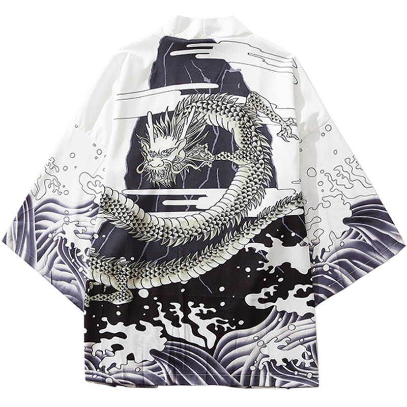 Januarysnow Japanese Style Kimono Jacket Sea Wave Dragon Print 2019 Men Harajuku Streetwear Jacket Coat Casual Thin Gown Sweat Wear Japan