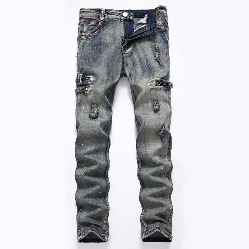 New Men Casual Jeans Denim Pants Distressed Zipper Scratched Knees Holes Painted Vintage Nostalgic Regular Trousers, T-9851
New Men Casual Jeans Denim Pants Distressed Zipper Scratched Knees Holes Painted Vintage Nostalgic Regular Trousers, T-9851