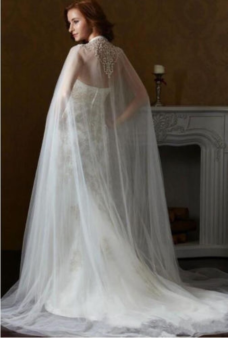 White Ivory Long Bridal Jackets Shawls Lace Applique Tulle Bridal Gowns Capes Cloaks Wedding Mantles Brides Boleros