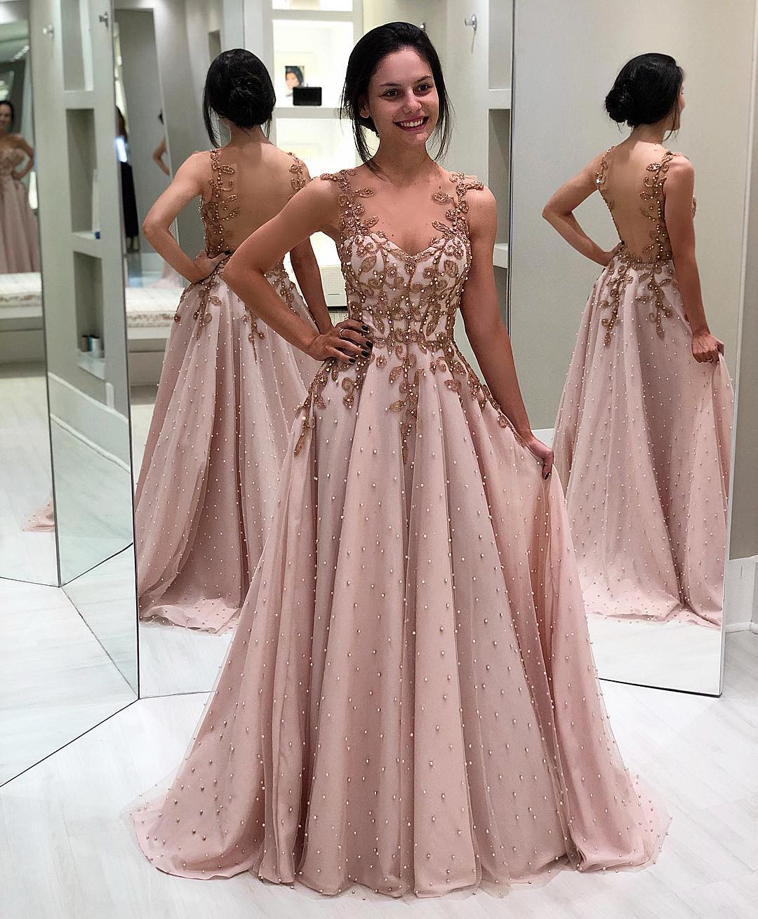 Stunning Beaded Backless Prom Dresses Sheer Bateau Neck A E Appliqued Evening Gowns Plus Size Or Length Tulle Formal Dress 0227Lz