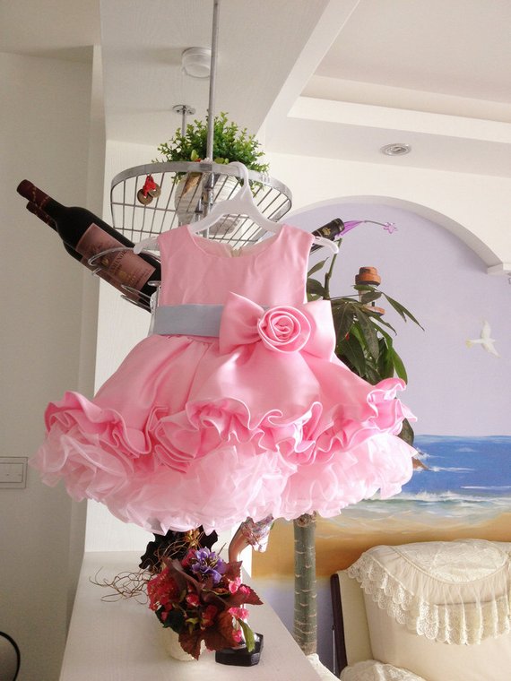 Pink Flowers Girls Dresses Jewel Ruffles Flower Toddlers Infants Baby Short Pageant Gowns Kids Princess Party Dress For Wedding