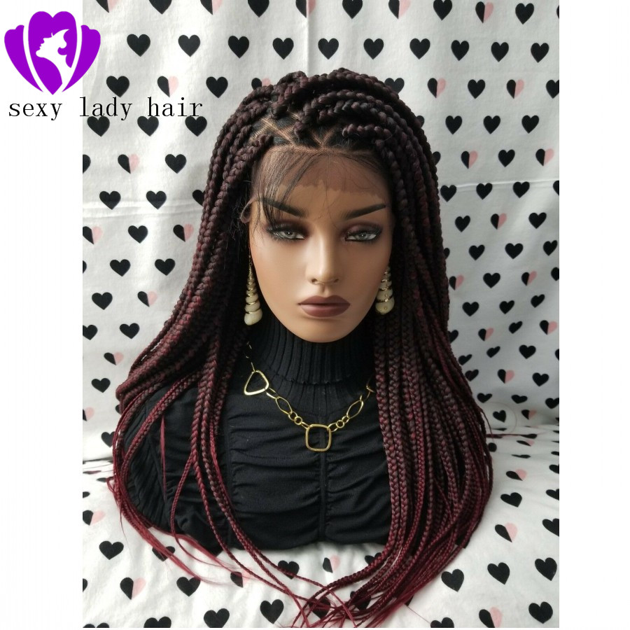 Free part ombre red color Braided Box Braids Lace Frontal Wig Heat Resistant Hair Long Natural full Braided Wigs For Black Women 83
