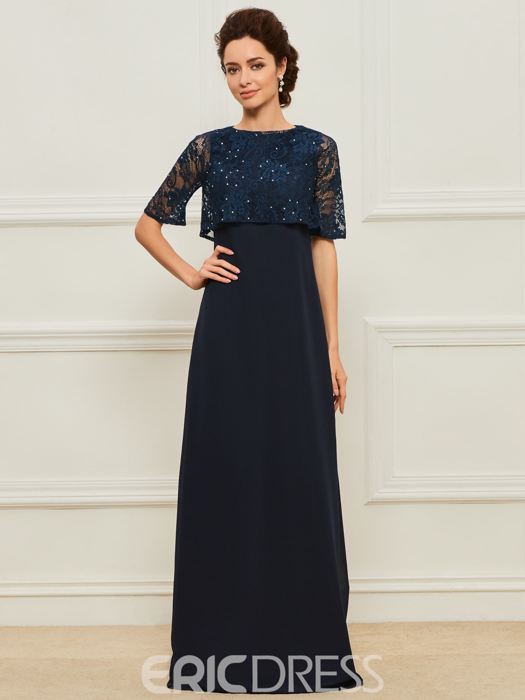 Elegant Ericdress Mermaid Mother of The Bride Dresses Jewel Half Sleeve Wedding Guest Dress Lace Applique Crystal Sweep Train Evening Gown