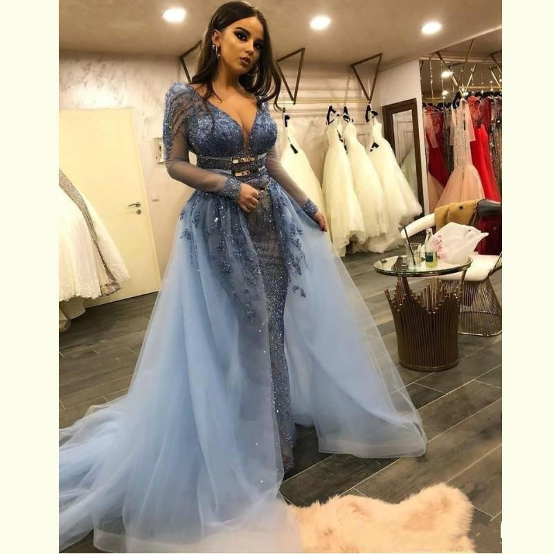latest mermaid prom dresses sexy deep v neck sheer long sleeve evening gowns sequins illusion beaded women formal overskirt party dress