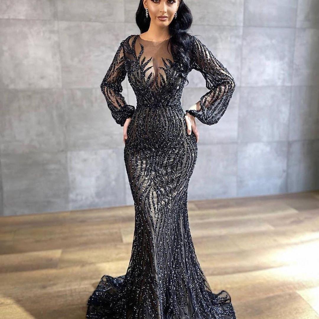 black luxurious long sleeves mermaid prom dresses muslim vestidos de noiva backless rhinestones crystal evening gowns