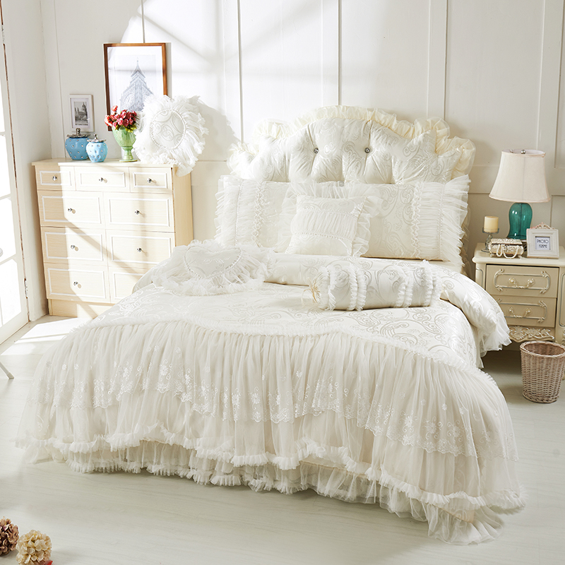 satin jacquard bedding sets cotton lace bedclothes queen king size 4/8 pcs decorative bedskirt+pillowcase+duvet cover set