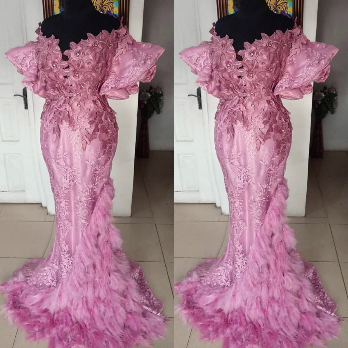 Elegant African Mermaid Prom Dresses Off Shoulder Short Sleeves Lace Appliques Evening Dress with Feather Chic Gown abendkleider
