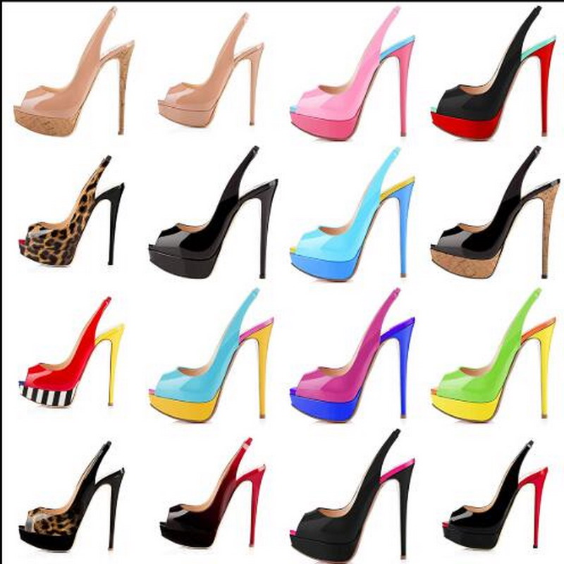 Fashion Hot Sales Red Bottom High Heels,Nude/Black Patent Leather Peep-toes Sandals,Slingback 14cm High Heel Shoes Back Strap Platform Pump, 12