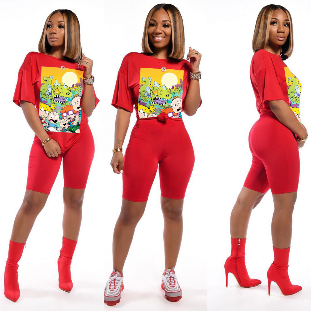 Spot Tracksuits European-style spring and summer fashion street cartoon printing casual loose two-piece suit support mixed batch