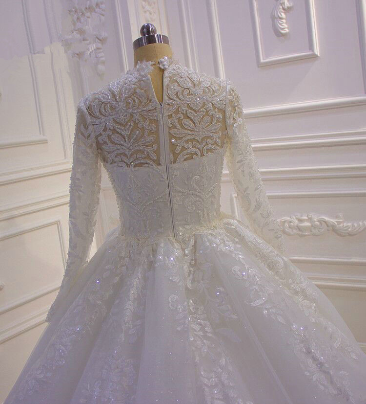 Muslim Long Sleeve 2020 Ball Gown Wedding Dress Bridal Gowns High Neck Lace Appliqued Beaded Plus Size robe de mariee