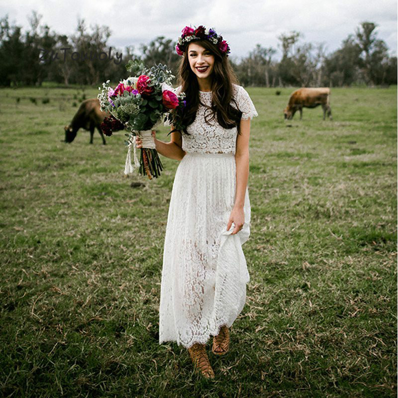 Romantic Two Piece Wedding Dress With Sleeves Lace Boho Round Neck Ankle Length Bohemian Hippie Short Bride Dress For Women 2023