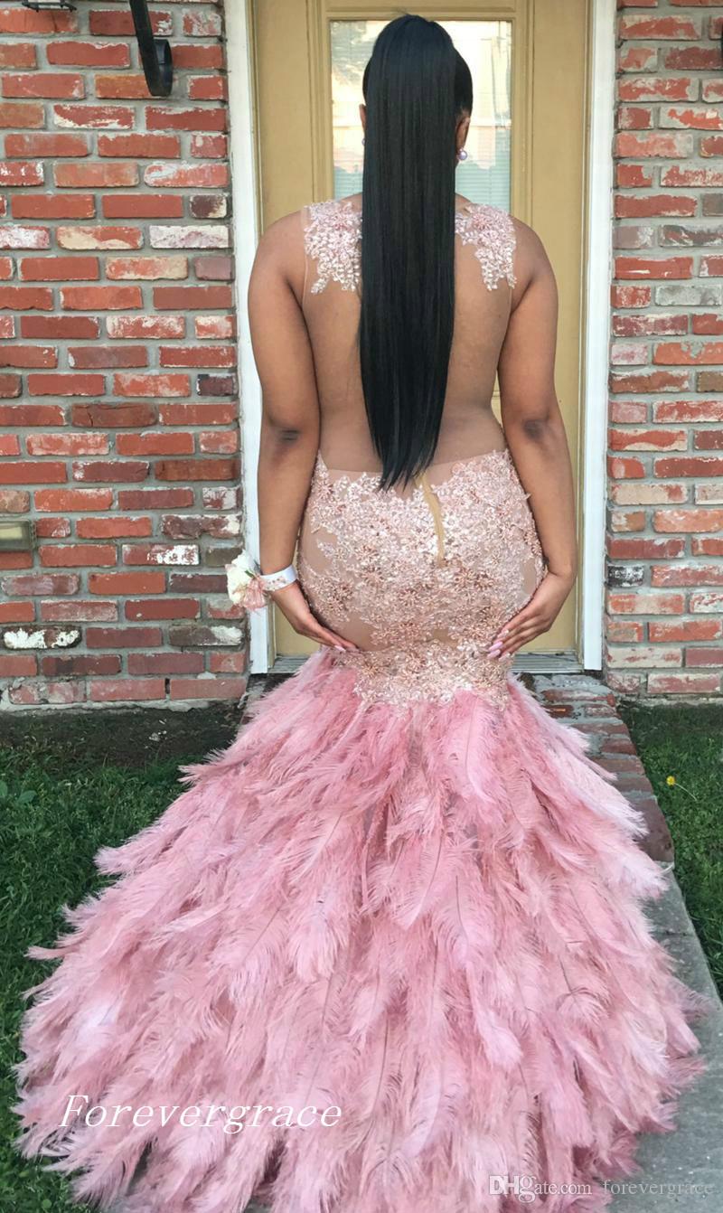 2019 Stylish Africa Blush Appliqued Long Prom Dress New Arrival Illusion Neck Feather Skirts Party Gown Custom Made Plus Size