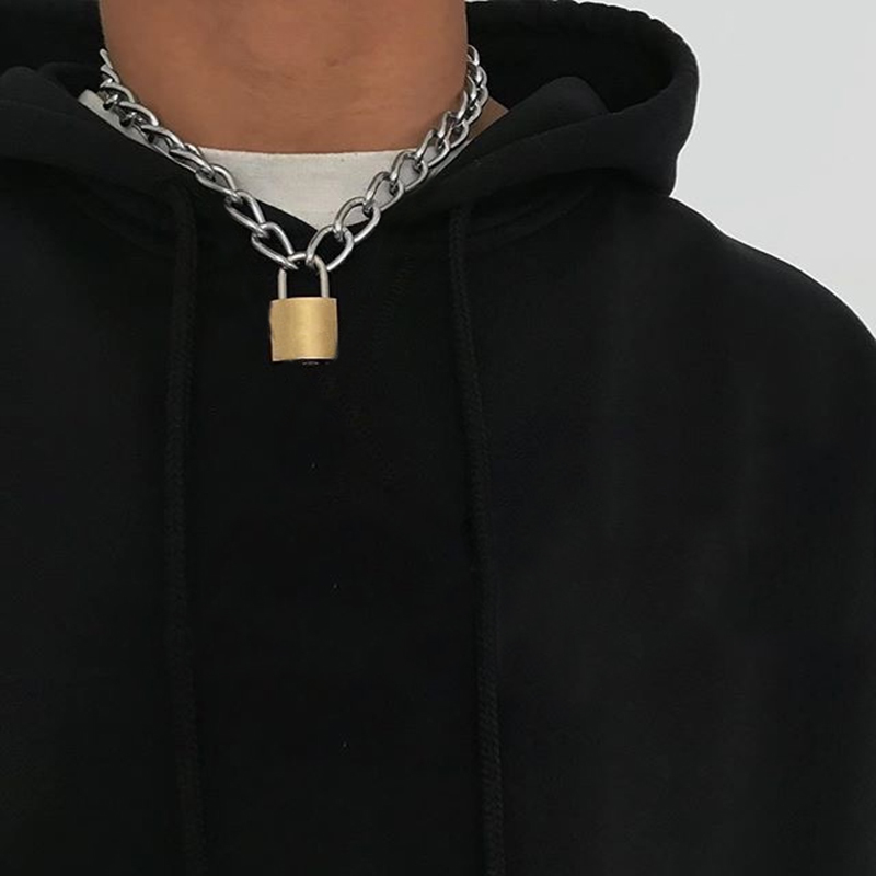 Cool Punk Gothic Men Women Unisex 2 in 1 Heavy Duty Chain Choker Squre Lock Collar Metal Link Key Necklace CJ191221