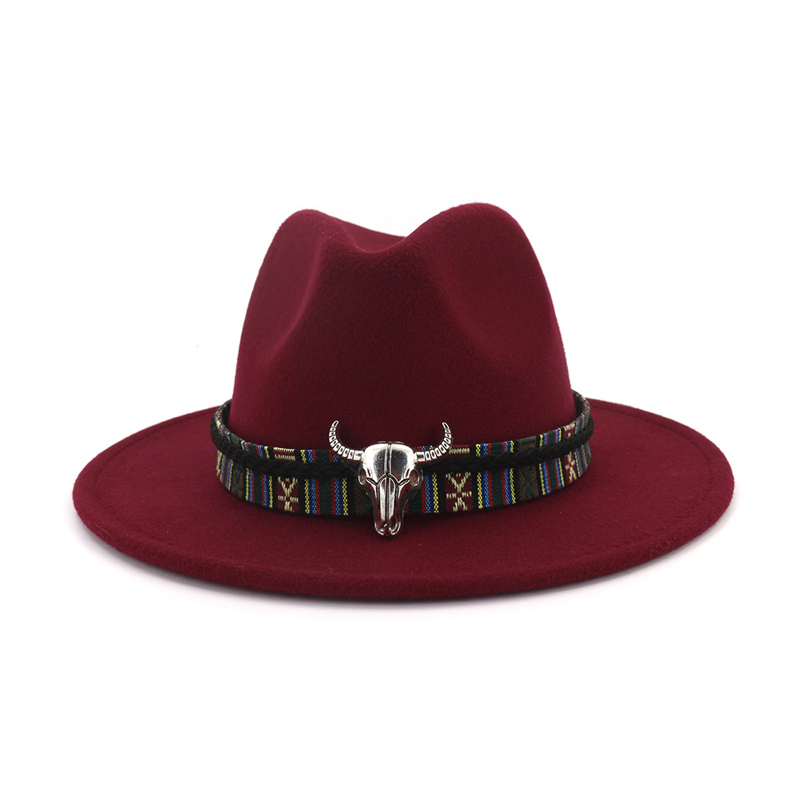 Fashion- Wide Brim Cowboy Fedora Hat Bull Head Decoration National Style Men Women Wool Felt Trilby Ethnic Gambler Hats Jazz Panama Caps