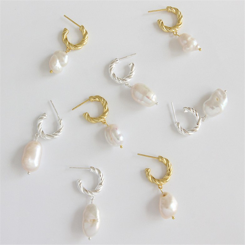 Pure 925 Sterling Silver Earring Baroque Freshwater Pearl Dangle Earrings Female Twist Irregular Pearl Drop Earrings