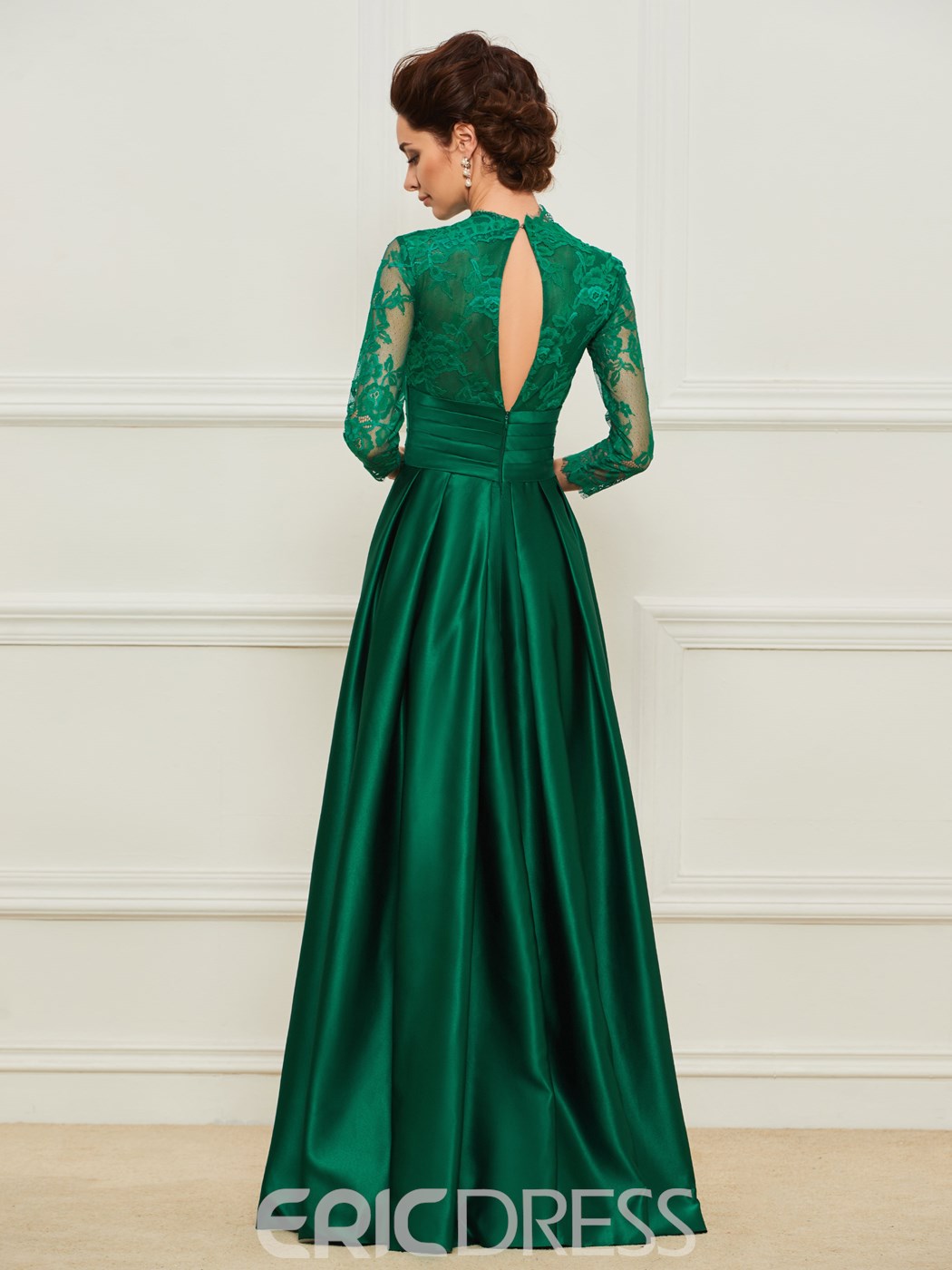 Modest Ericdress Mermaid Mother of The Bride Dresses Jewel 3/4 Long Sleeve Hollow Wedding Guest Dress Lace Applique Sweep Train Evening Gown