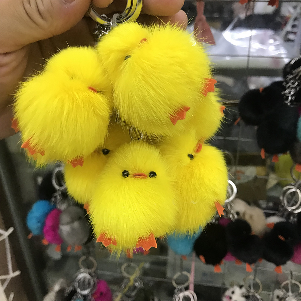 Cute little yellow chicken soft real mink fur key chain bag pendant accessories yellow duck hanging car ornament