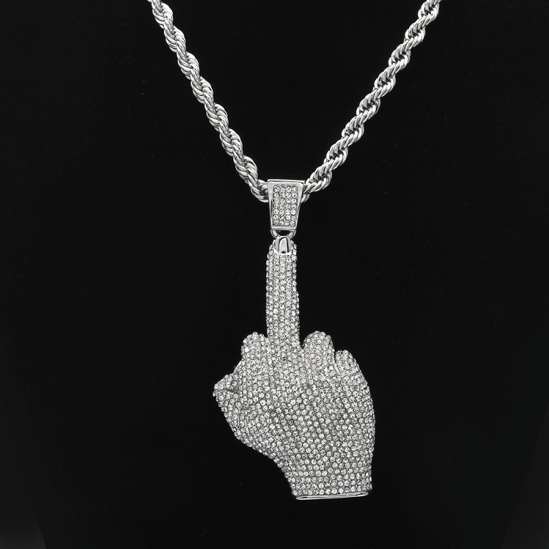 Fashion-Mens Iced Out Pendant Hip Hop Necklace Erect Middle Finger Bling Pendant Necklace Hiphop Jewelry 250615
