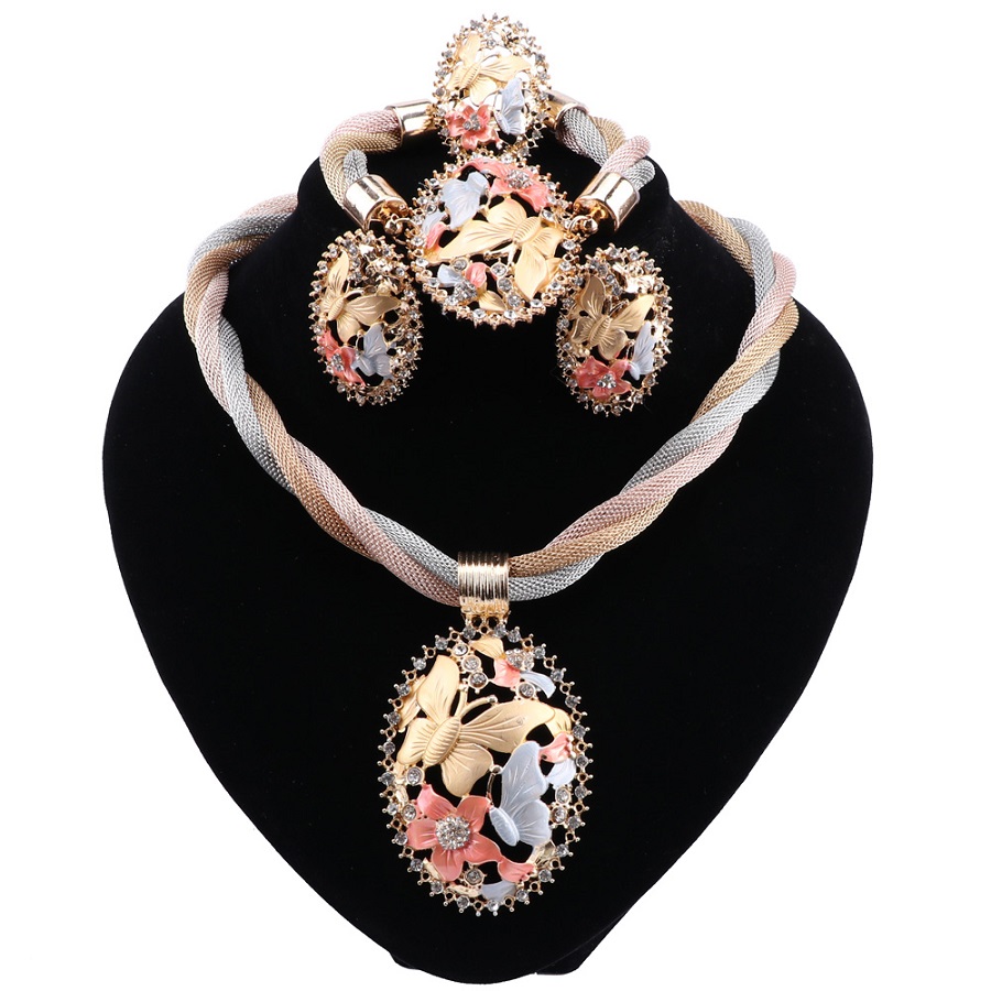 Bridal Dubai Gold Jewelry Sets Women Fashion Pendant Necklace Earrings Ring Bracelet African Wedding Jewelry Sets, Slivery;golden
Bridal Dubai Gold Jewelry Sets Women Fashion Pendant Necklace Earrings Ring Bracelet African Wedding Jewelry Sets, Slivery;golden