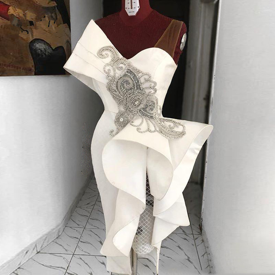 2020 New Real Image Straight Tea Length Prom Dresses White Ruffles Crystal Formal Party Dress One Shoulder Special Designed Abendkleider