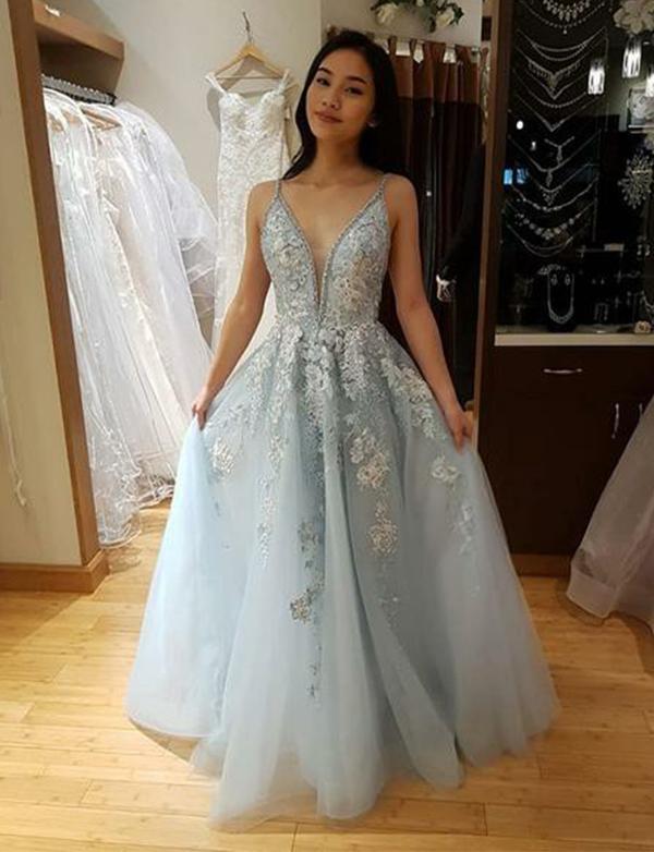 Blue Light Sky Beaded Lace Prom Dresses Plunging Neck A Line Appliqued Formal Dress Floor Length Tulle Plus Size Evening Gowns ppliqued