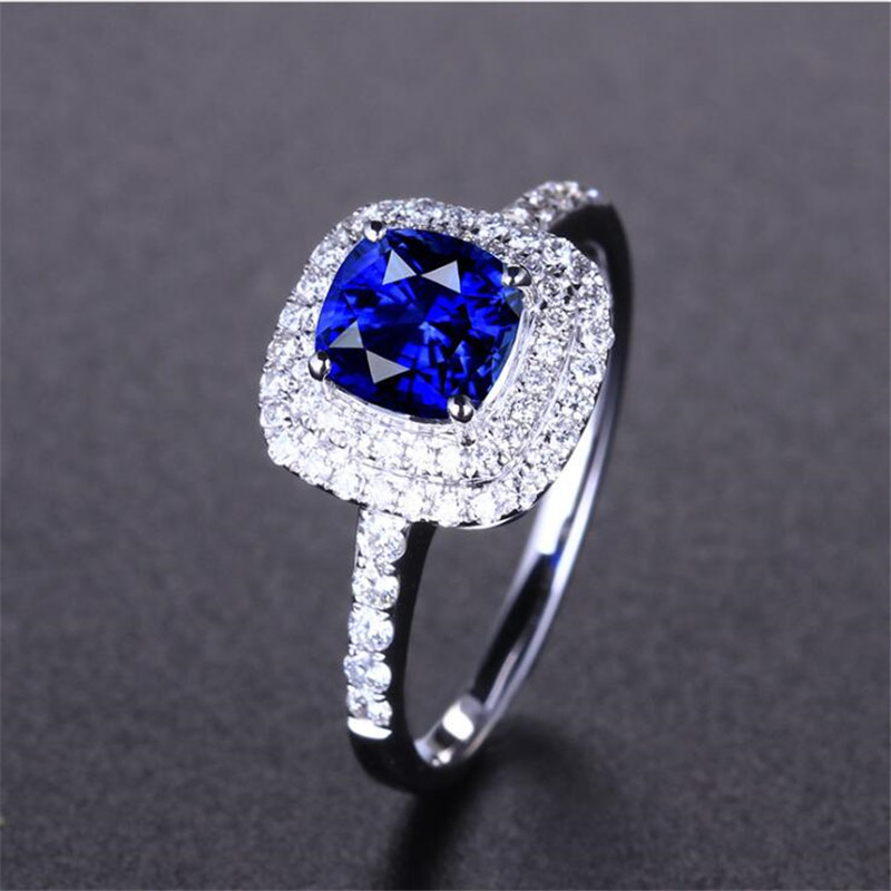 Top Selling Popular Luxury Jewelry 925 Sterling Silver Cushion Shape Blue Sapphire CZ Diamond Gemstones Pave Promise Women Wedding Ring Gift