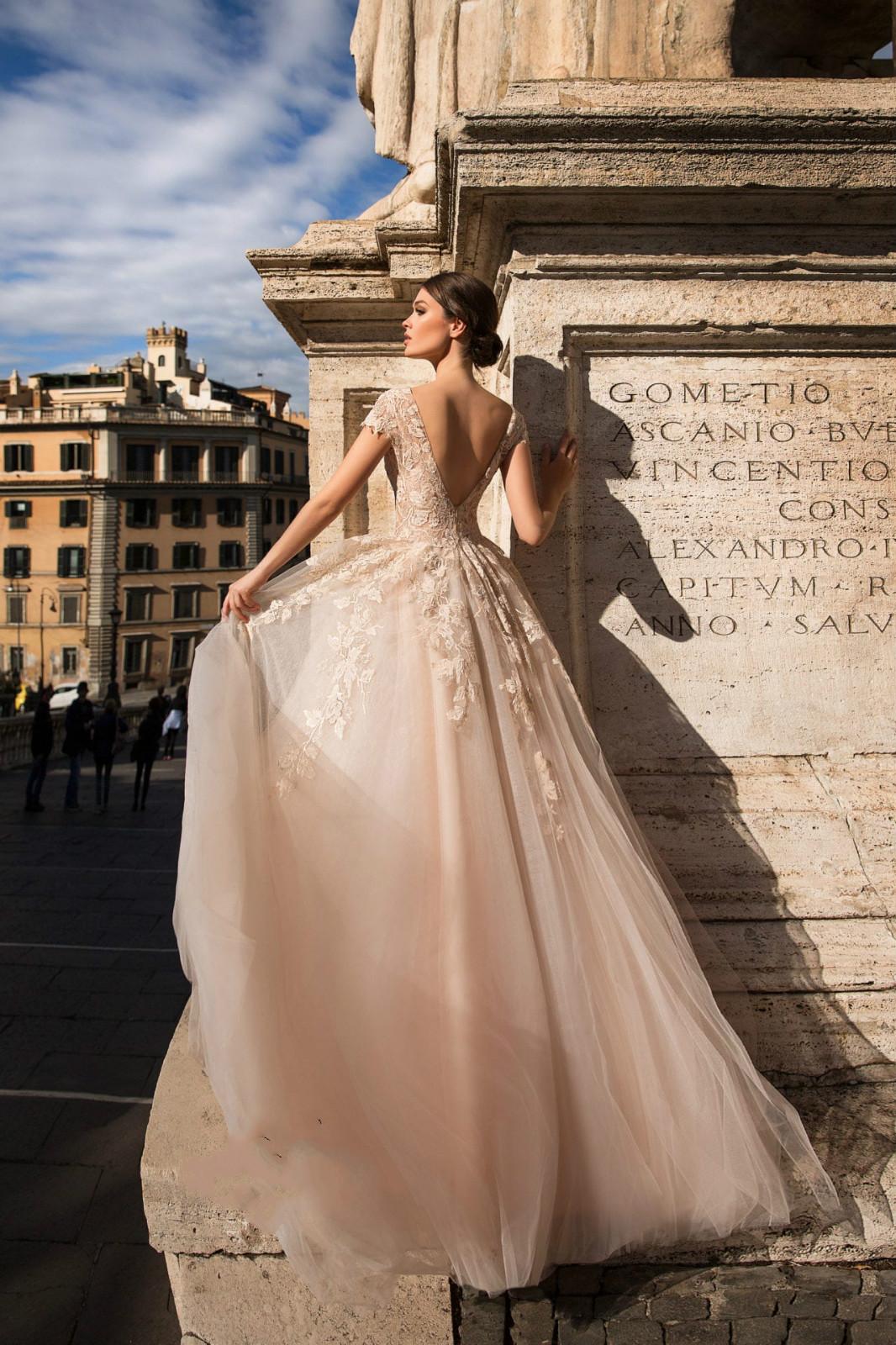 Dresses Champagne A-Line Deep V Neck Cap Sleeves Lace Appliques Bridal Gowns Tulle Backless Sweep Train Wedding Dress Vestidos estidos