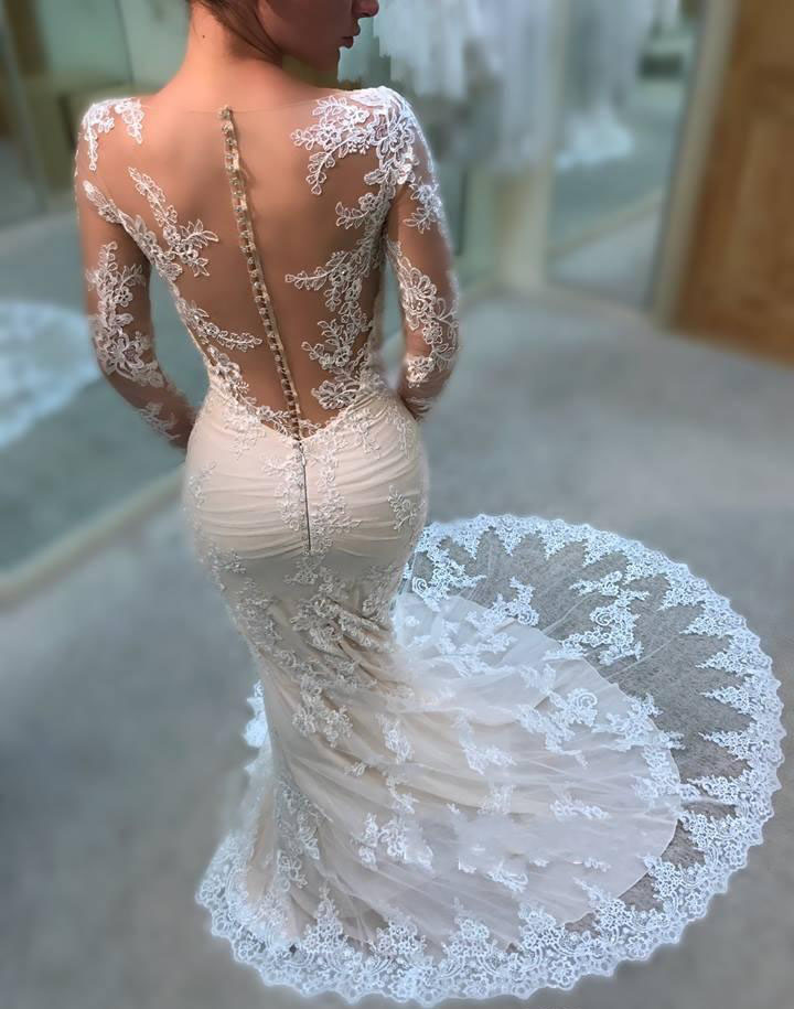 Cheap Long Sleeve Mermaid Wedding Dress Lace Zipper And Covered Button Back Garden Country Church Bride Bridal Gown Custom Made Plus Size